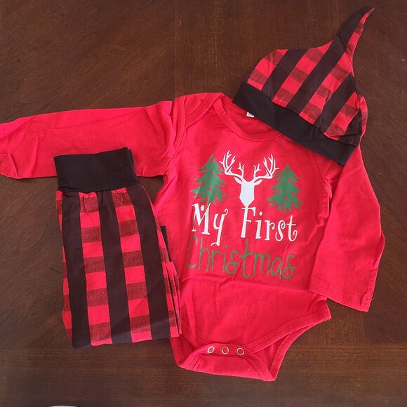 Baby Boy "My First Christmas" Bodysuit & Pants Set – Red, Gingham, 12M, 3pc, Nwt - Picture 1 of 8